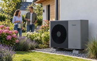 Rodina v záhrade pri vonkajšej jednotke tepelného čerpadla Vaillant aroTHERM