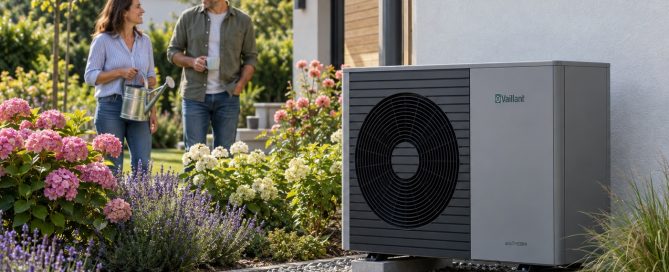Rodina v záhrade pri vonkajšej jednotke tepelného čerpadla Vaillant aroTHERM